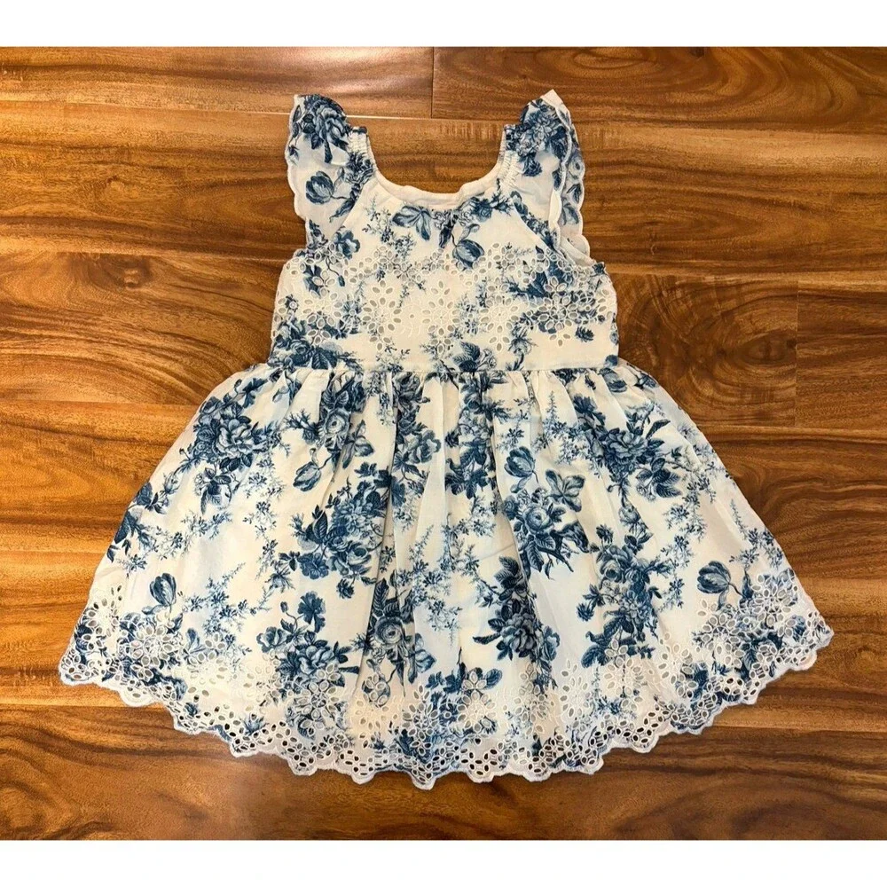 Baby Gap Love Shack Fancy Floral Eyelet Dress, Blue and White, Size 4T